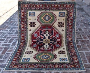 White Hand Knotted Afghan Kazak Rug 5x7 Tribal Medallion Geometric Wool Carpet - Picture 1 of 12