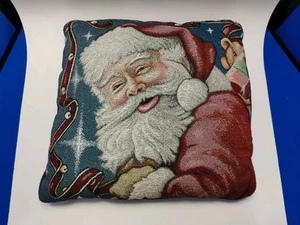 Vintage Jolly Happy Santa Wandteppich Weihnachten Dekokissen 16x16 blau Geschenke  - Bild 1 von 6