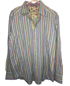 Robert Graham Men's Dress Shirt Striped Paisley Trim Flip Cuff Size Large - Picture 1 of 7