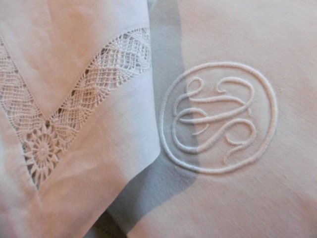 Drap + 2 taies pur fil de lin brodé chiffrés D.S. (3) - Photo 1/4