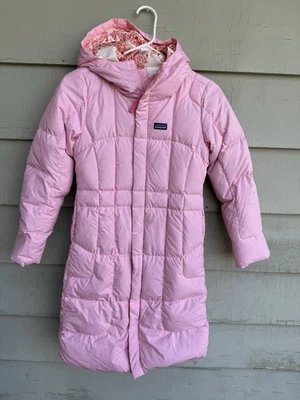 Patagonia Pink Goose Down Long Puffer Coat Girls Size 10 Parka Hooded - Image 1 of 4