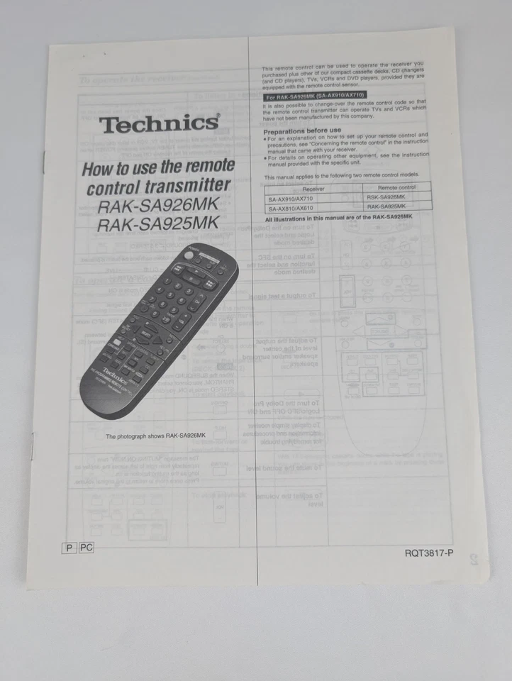 Transmisor de control remoto Technics RAK-SA925MK RAK-SA926MK manual Foto 1 de 4