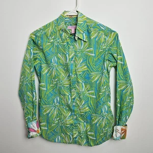 Lilly Pulitzer Button Down Shirt Sz 2 Seaweed Green Daisy Flip Cuff Long Sleeve - Picture 1 of 9