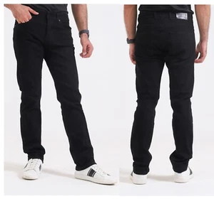 Mens Jeans Straight Leg Black Denim Regular Fit Leg Stretch Trousers Pants Sizes - Picture 1 of 32