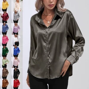 Womens Satin Silk Solid Shirt Ladies Casual Baggy Button-up OL Work Blouse Tops - Picture 1 of 105