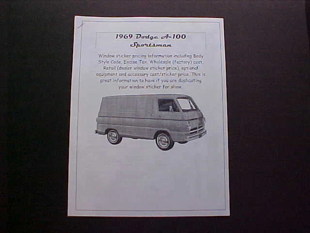 Dodge A-100 1969 precio de etiqueta de lista de costo/ventana del concesionario para camioneta/camión + opciones '69 Foto 1 de 1