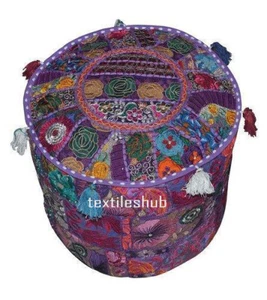 Indian Handmade Vintage Patchwork Cotton Ottoman Pouffe Cover Round Ethnic Decor - Picture 1 of 47
