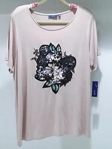 NEW Apt 9 Women 1X tan shirt sleeve top with large flower applique and sequins - Picture 1 of 8