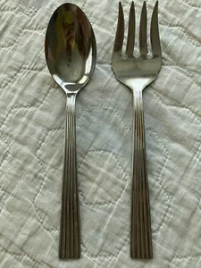 POTTERY BARN Japan Stainless Flatware Ridged 2 Serving Pieces Fork Spoon 8.5" - Picture 1 of 3