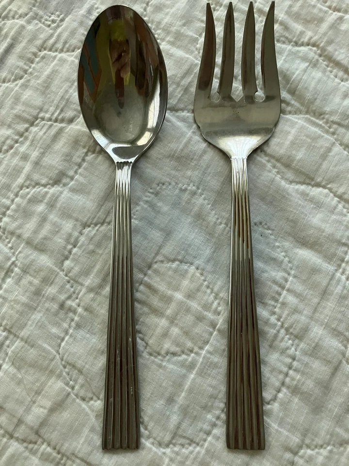 POTTERY BARN Japan Stainless Flatware Ridged 2 Serving Pieces Fork Spoon 8.5" - Image 1 of 3