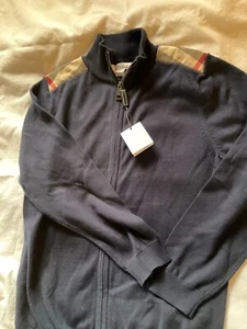 NEW BURBERRY Navy Blue 100% Cotton Full Zip Sweater w/ Shoulder Detail - 8Y - Picture 1 of 5