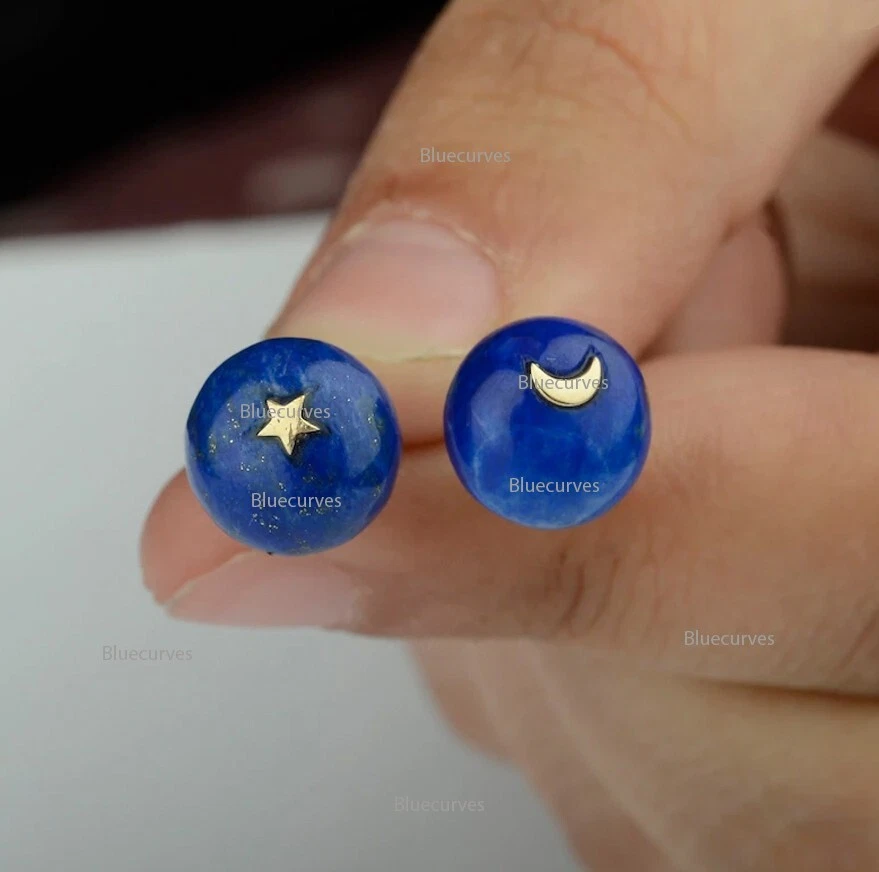 Brincos celestiais de lápis-lazúli natural 8 mm ouro 14k estrela e lua - Imagem 1 de 4