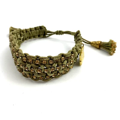 Pulsera Rosa González Cordón Tejido Estrás Borla Ajustable Oro Verde Boho Foto 1 de 4
