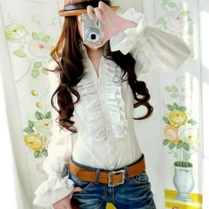 Lady Ruffles Blouse Shirts Top Retro Pleated Frill Victorian Puff Sleeve Fashion - Picture 1 of 14