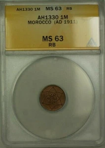 AH1330 Morocco 1 Mazuna Coin (AD 1911) ANACS MS 63 RB - Picture 1 of 2