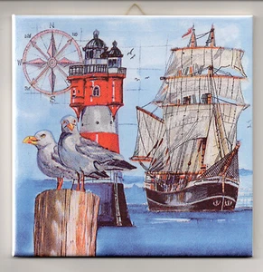 Dekofliese Wandbild Bildfliese Geschenkidee Maritim Leuchtturm Möwen (092DP) - Bild 1 von 3
