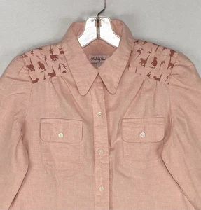 Vintage Built By Wendy Western Cat Shirt Women’s Large Soft Pink Button Down USA - Picture 1 of 14