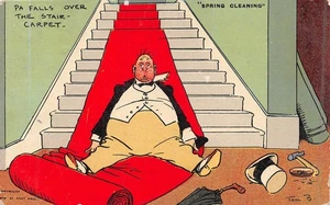 POSTCARD TOM BROWNE "SPRING CLEANING " PA FALLS OVER THE STAIR CARPET - Foto 1 di 2