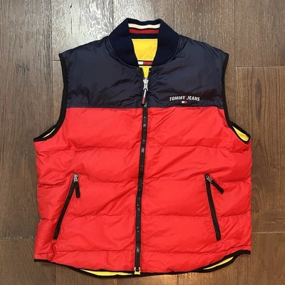 Tommy Hilfiger Reversible Puffer Down Vest Red And Yellow Size Large Made - Image 1 of 4