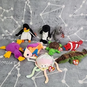 Lot of 9 Ty Beanie Babies Ocean Sea Aquatic Animals  Penguin Dolphin Jellyfish - Picture 1 of 10
