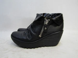FLY LONDON Womens Size 38 EUR Black Leather Wedge Zip Ankle Fashion Boots Bootie - Picture 1 of 11