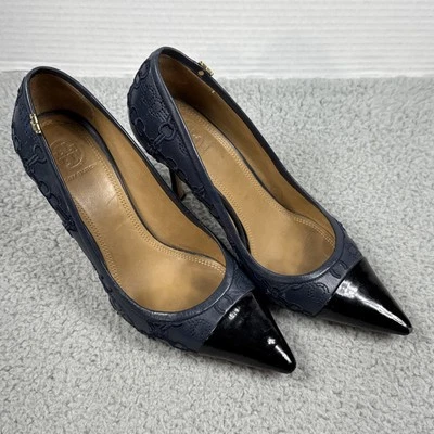 Tory Burch Penelope Cap-Toe Pump 皮革海军蓝刺绣 Links 女式 7 码 — 第 1/4 张图片