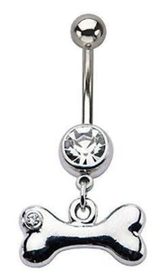 14g 7/16's Navel with Clear Gem Dog Bone Dangle Charm Belly Button ring - Picture 1 of 1