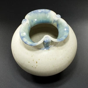 Studio Stoneware Vase Blue Drip Glaze Triform Ruffled Neck Monogram Satin Finish - Picture 1 of 18