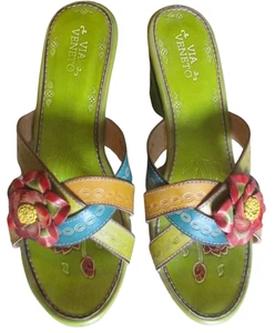 sandali donna via veneto scarpe floreali verde lime taglia 8 zeppa condizioni ecc - Foto 1 di 8