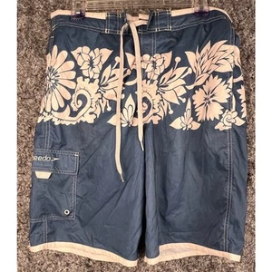 Speedo Swim Trunks - Mens Medium -Blue Hawaiin Floral Mesh-lined - Picture 1 of 5