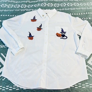 Vintage Karen Scott Halloween Thema bestickt weiß Button Down Hemd XL - Bild 1 von 9