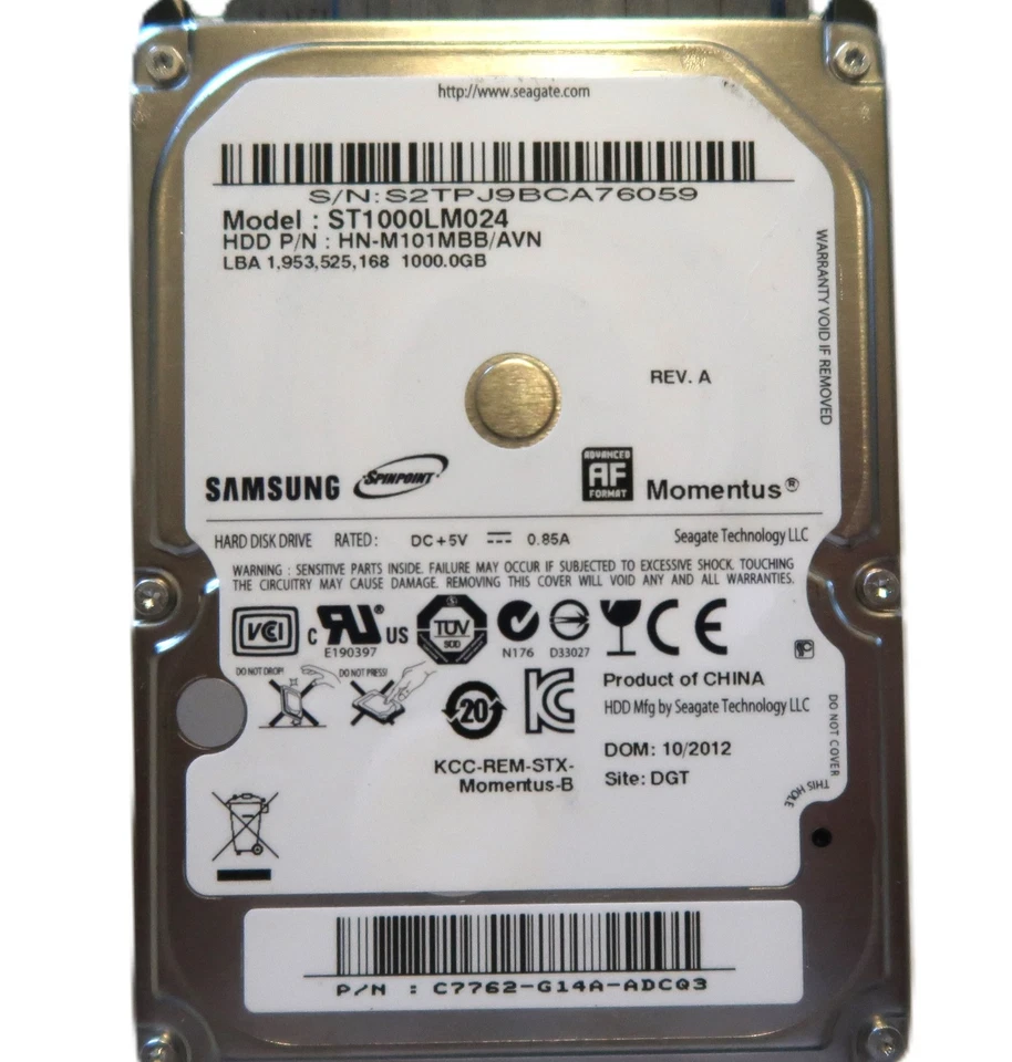 Samsung ST1000LM024 HN-M101MBB/AVN REV A (S2TP) C7762-G14A DGT 2.5" 1TB 10/2012 - Image 1 of 1