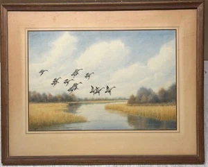 Dipinto acquerello originale JOSEPH DAY KNAP 'Pintails DUCKS Landing in MARSH' - Foto 1 di 13