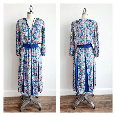 Vestido Midi Vintage Diane Freis Original Georgette Floral Azul Rosa Talla M/L Foto 1 de 4