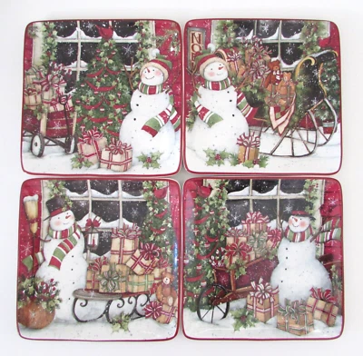 Susan Winget Navidad muñeco de nieve trineo platos de postre/juego de decoración de pared 4 nuevos con etiquetas Foto 1 de 4