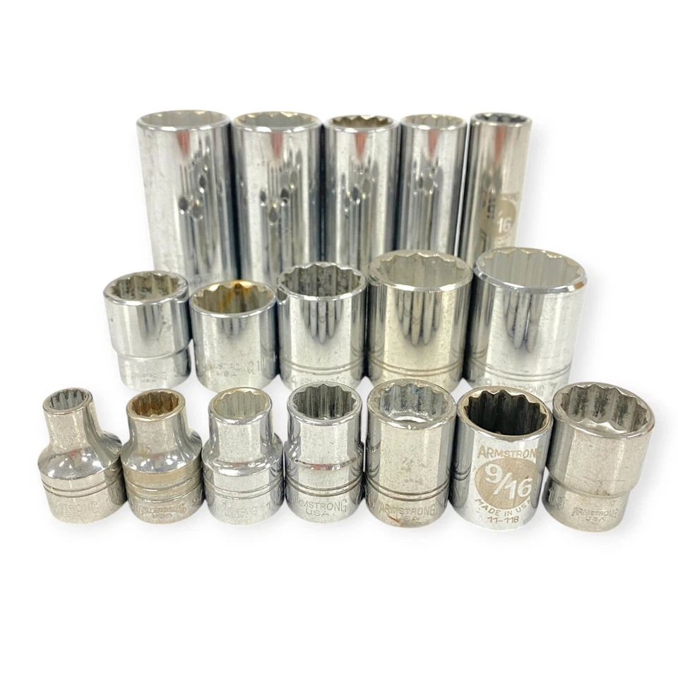 Armstrong 3/8 Drive Deep and Standard 12Pt Socket Set 1/4 to 7/8 in, 17 pcs, USA - Image 1 of 4