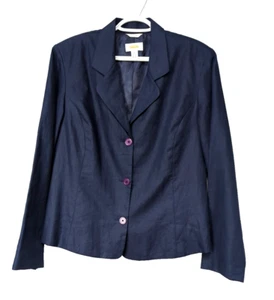 Vintage Irish Linen Jacket Navy 3 Button Blazer Talbots Size 14 Lined Office - Picture 1 of 5