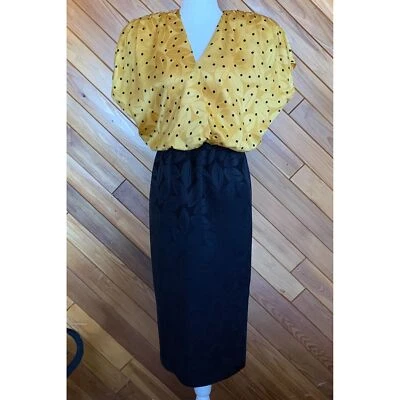 Vestido Vaina Floral y Lunares Negro y Amarillo Años 70/80 Seda Foto 1 de 4