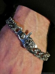925 Sterling Silver Full Cross Flower Lobster  Clasp Thick Men's Bracelet 22cm