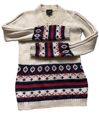 Antigo Suéter Feminino Just Cavalli Lã Alpaca Tamanho XS Branco Vermelho Azul Marinho Fair Isle - Imagem 1 de 4