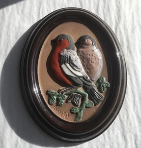 Vintage Gabriel Sweden Two Birds Pottery Oval Wall Plaque 3D Framed Red Bird - Picture 1 of 11