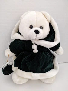 Oso niña vintage de Navidad de 14" con abrigo de terciopelo verde oscuro y monedero de felpa - Imagen 1 de 7