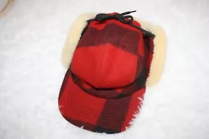 Vintage Filson Double Mackinaw Wolle rot schwarz Büffel kariert Lammfell Kappe klein - Bild 1 von 4