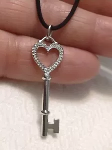 Tiffany & Co 18k White Gold 1.5" Diamond Heart Key Pendant Necklace - Picture 1 of 23