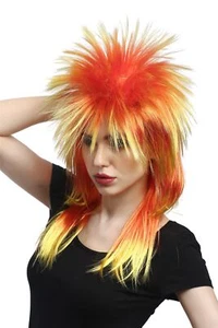 Parrucca Carnevale Punk 80ies Wave Capelli Cotonati Lungo Colorato Rosso Giallo - Foto 1 di 4