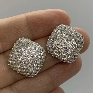 VTG CLEAR PAVE RHINESTONE PUFFY SILVER DROP TOP POST DIAMOND SHAPED EARRINGS - Picture 1 of 9