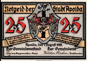 6 x 25 pf. Emergency money of the city of Apolda (Thuringia) 1 August 1921 - Picture 1 of 2