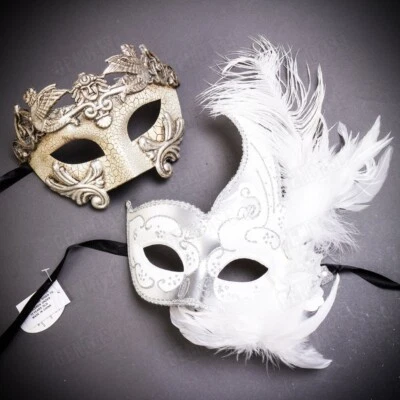 White Silver Prom Masquerade Masks Set Couple Men Women Matching Costume Masks - Image 1 of 3