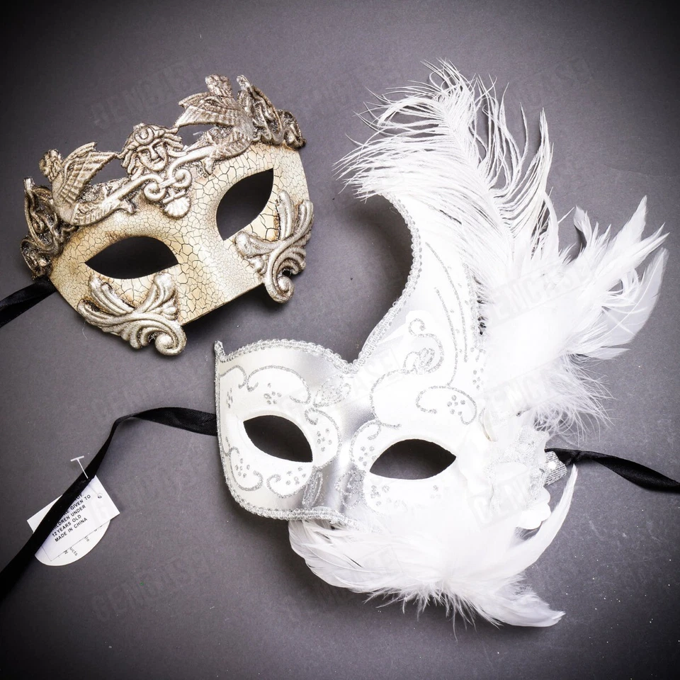 White Silver Prom Masquerade Masks Set Couple Men Women Matching Costume Masks - Image 1 of 3