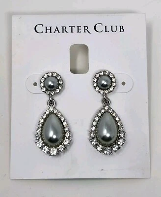Pendientes Charter Club Gris Imitación Perla Cabujón y Diamantes de Imitación Lágrima Nuevos con Etiquetas Foto 1 de 4